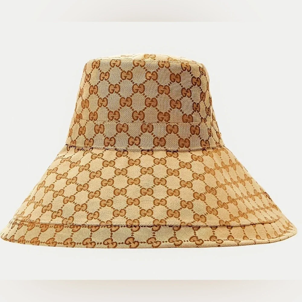 Gucci GG Monogram Bucket Hat Wide Brim Beige Tan Canvas Jacquard Sun Coverage - Picture 3 of 16